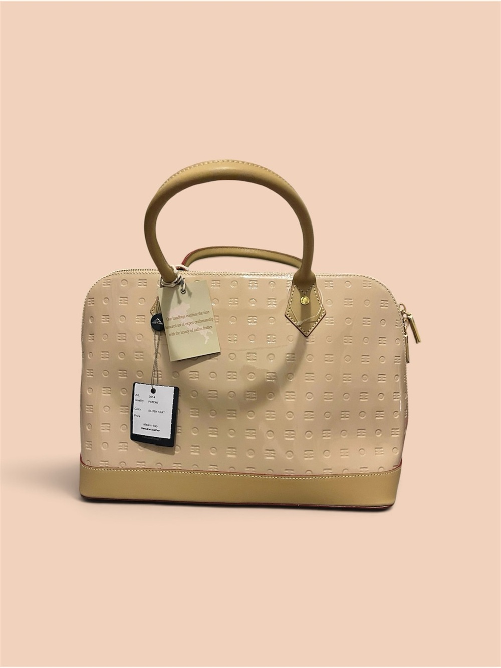 Arcadia Italy Blush Beige Embossed Monogram Patent Leather Dome Satchel NWT